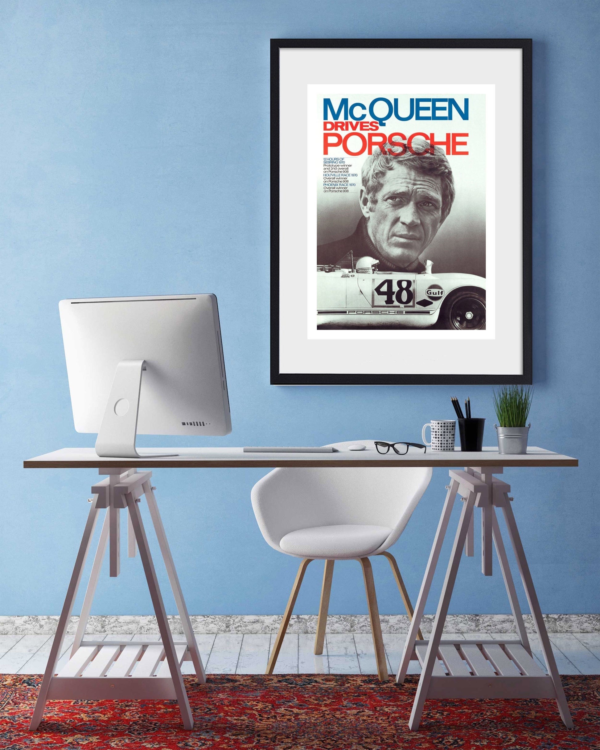 Steve Mc Queen - Drives Porsche-bw-portrait, print-BLUE SHAKER