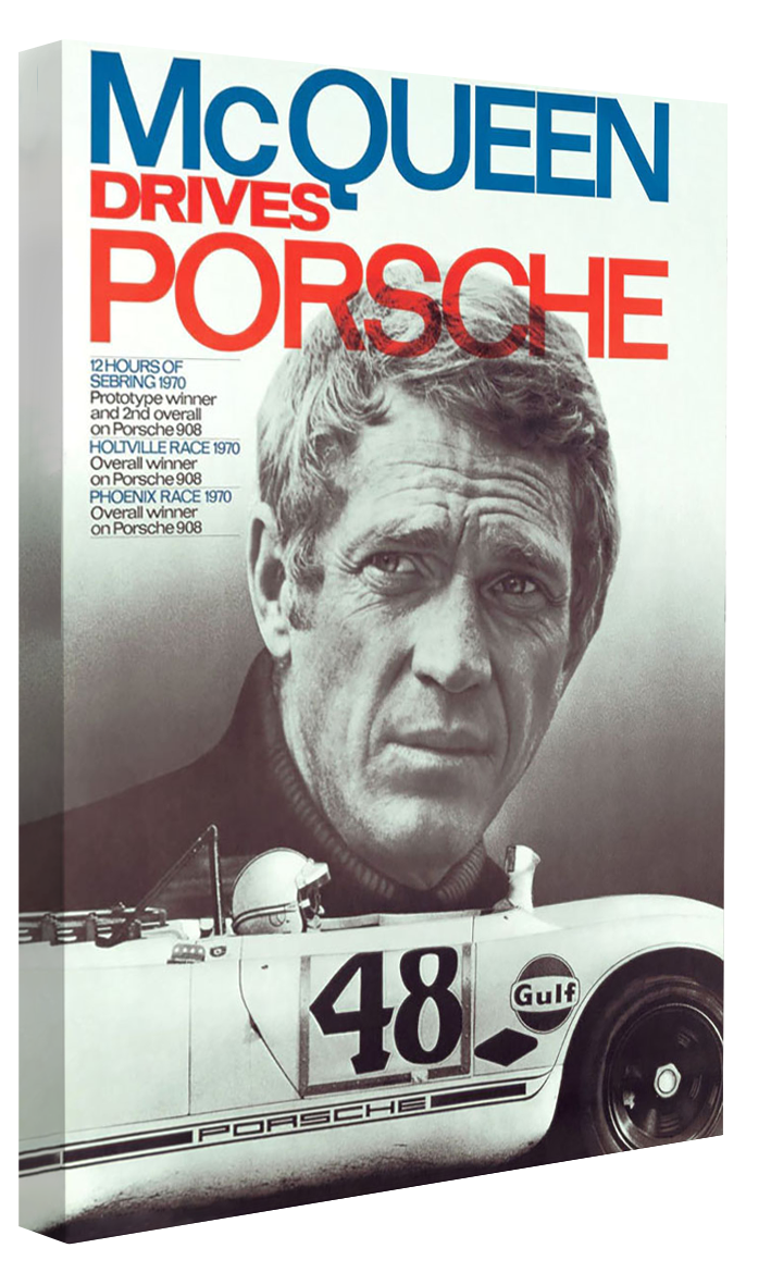 Steve Mc Queen - Drives Porsche-bw-portrait, print-Canvas Print - 20 mm Frame-50 x 75 cm-BLUE SHAKER