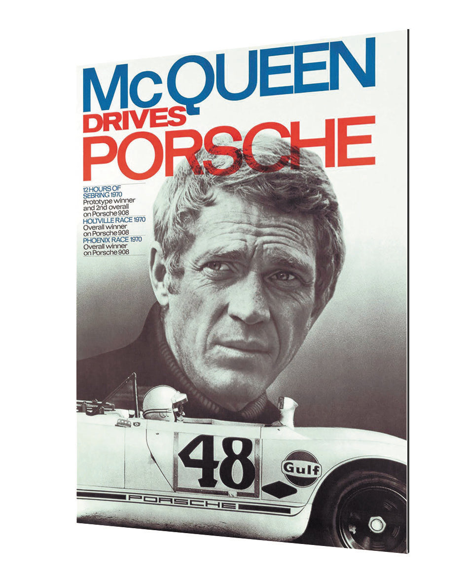 Steve Mc Queen - Drives Porsche-bw-portrait, print-Alu Dibond 3mm-40 x 60 cm-BLUE SHAKER