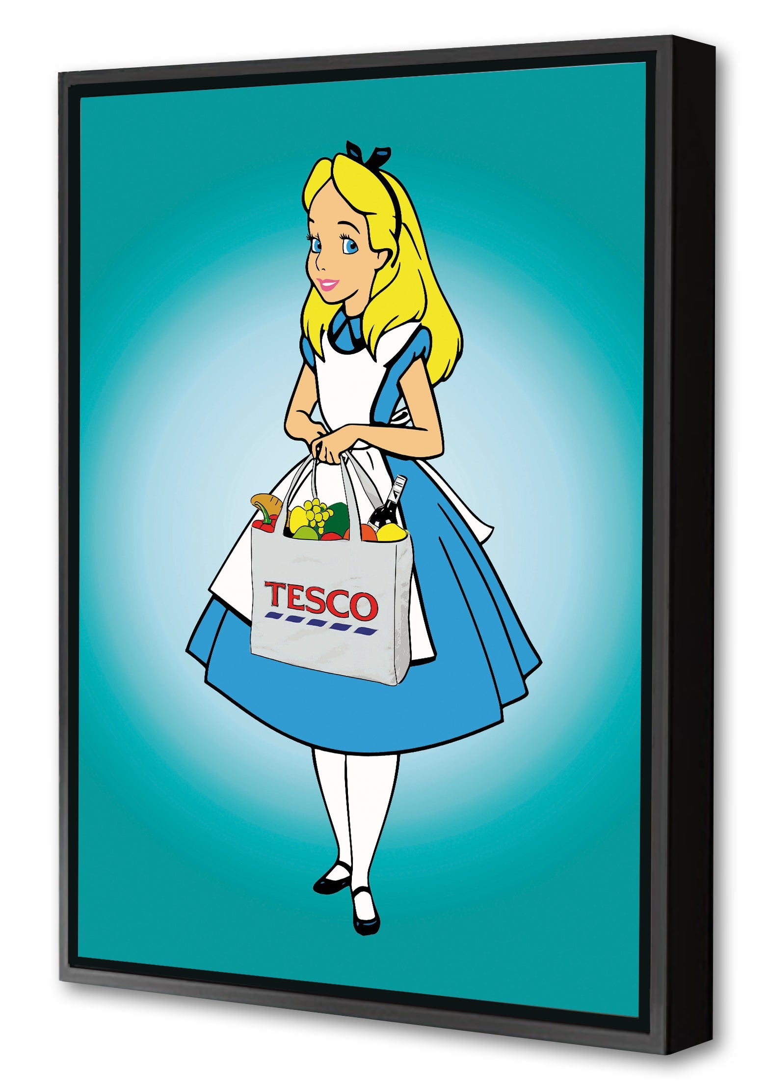 Alice Shopping Bag Tesco-cartoons, print-Canvas Print with Box Frame-40 x 60 cm-BLUE SHAKER
