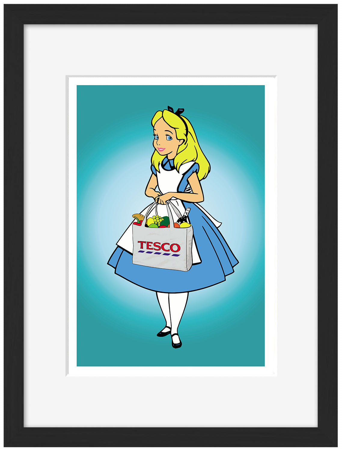 Alice Shopping Bag Tesco-cartoons, print-Framed Print-30 x 40 cm-BLUE SHAKER