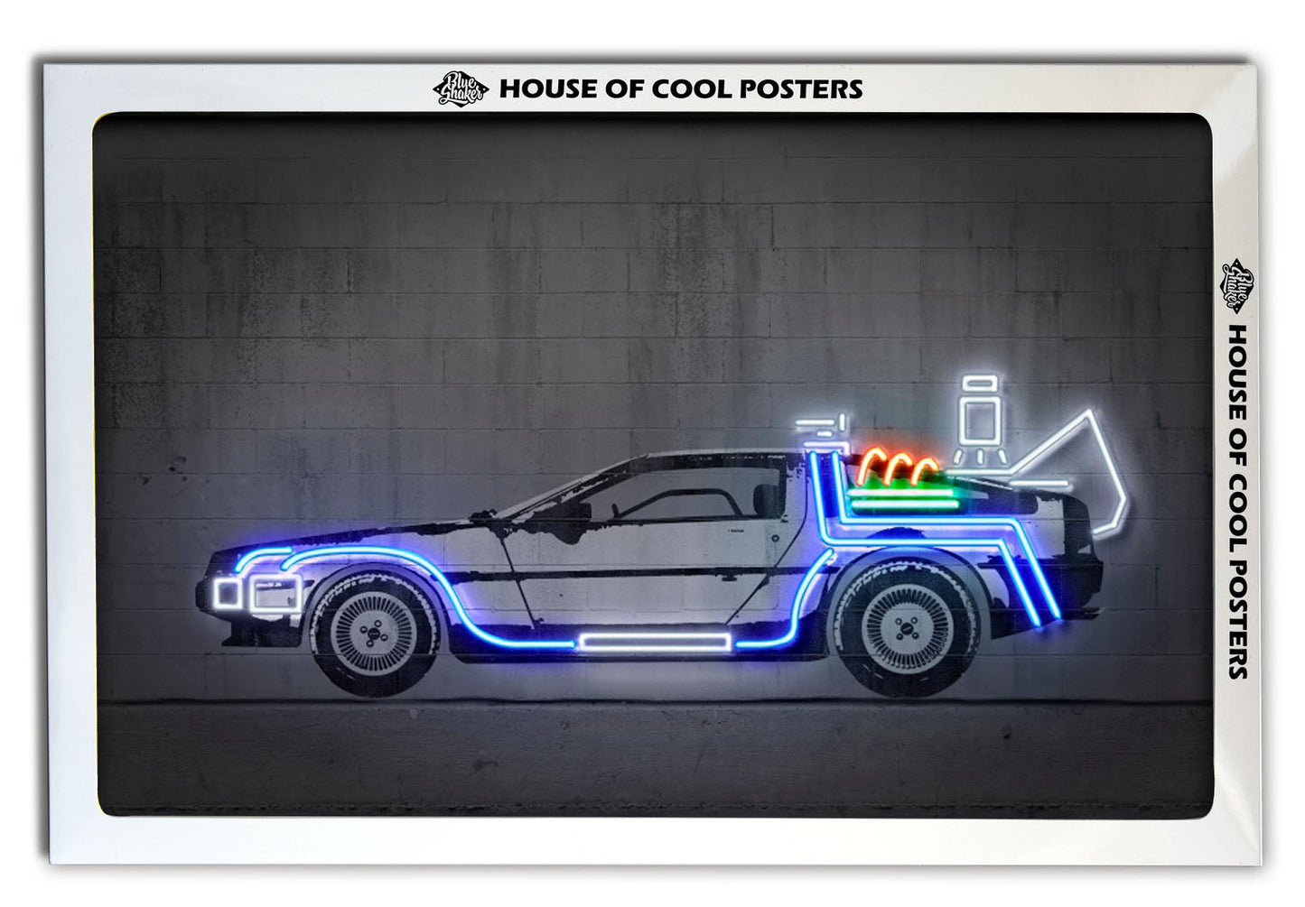 DeLorean-alt, neon-art, print-BLUE SHAKER