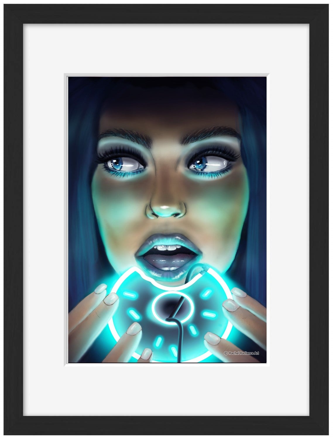 Donut Girl-neon-art, print-Framed Print-30 x 40 cm-BLUE SHAKER